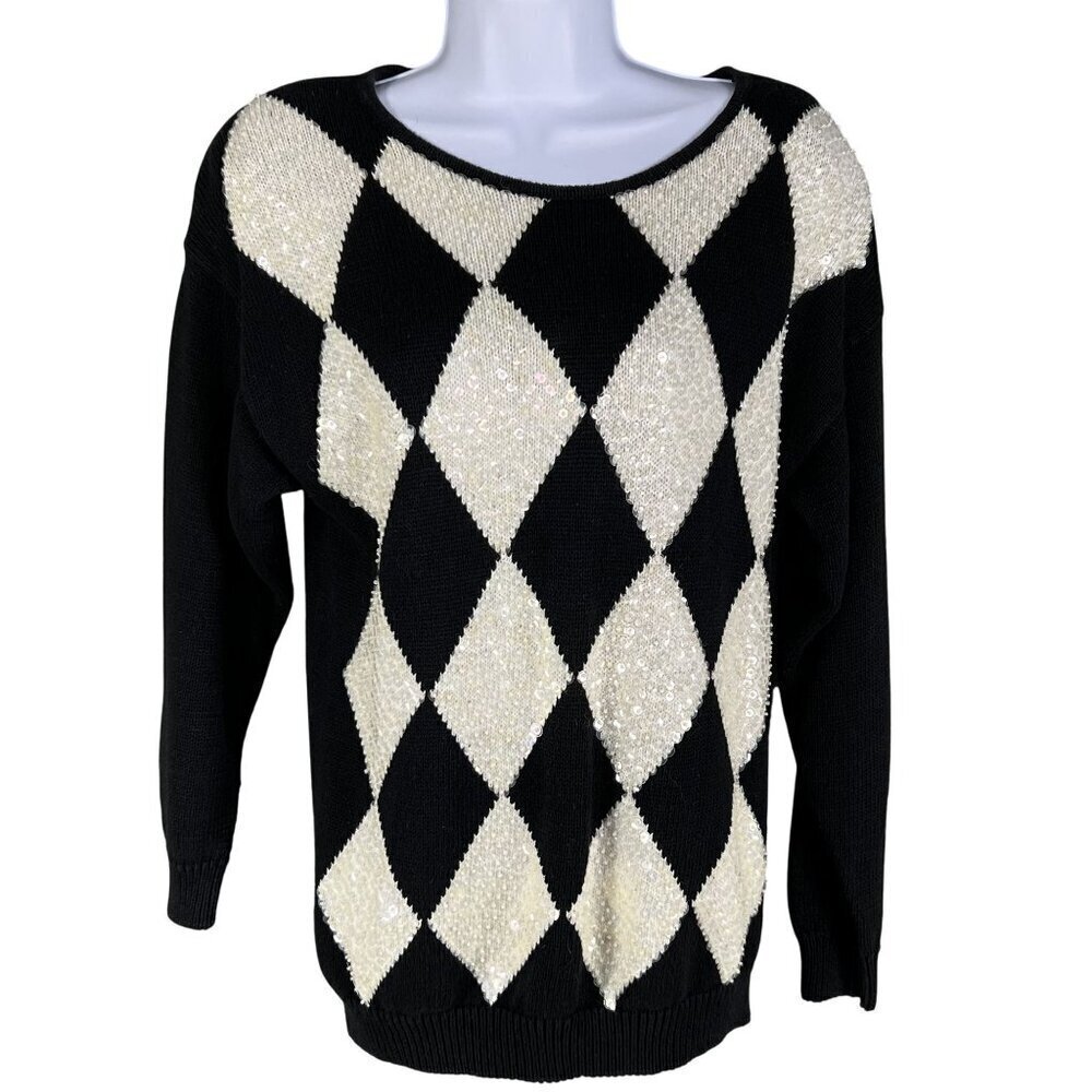 Vintage Marnie West Womens L Harlequin Sequin Sweater Diamond Pattern Holiday